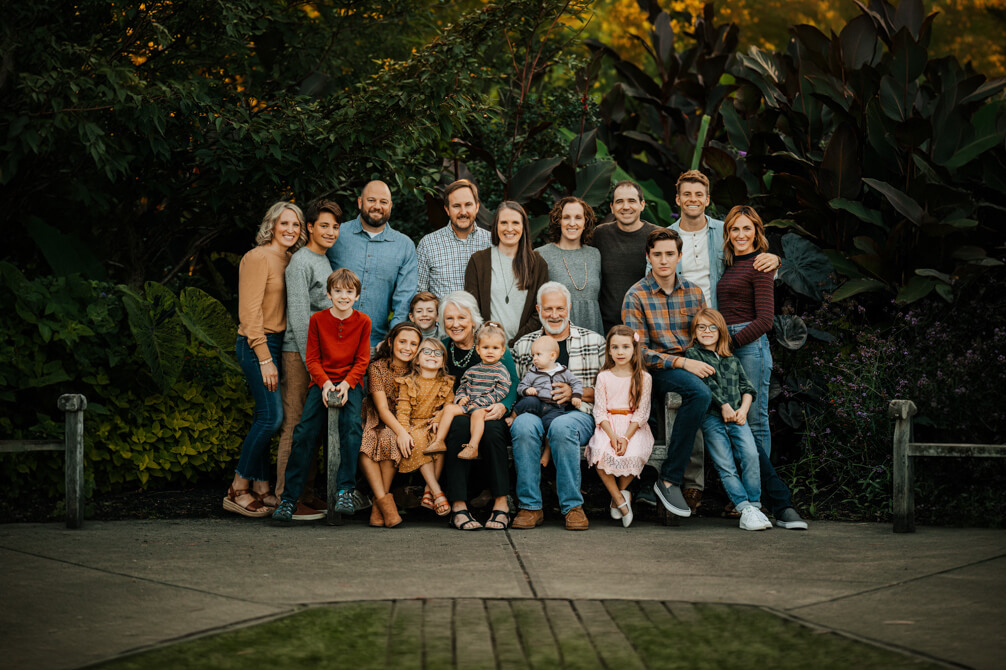 Large extended family group portrait with grandparents and grandchildren during West Michigan family photography session GAUPERfamilies